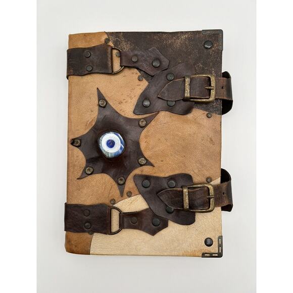 Brown Leather Stone Eye Spell Book Journal w Buckles 7” x 10” - Picture 1 of 12